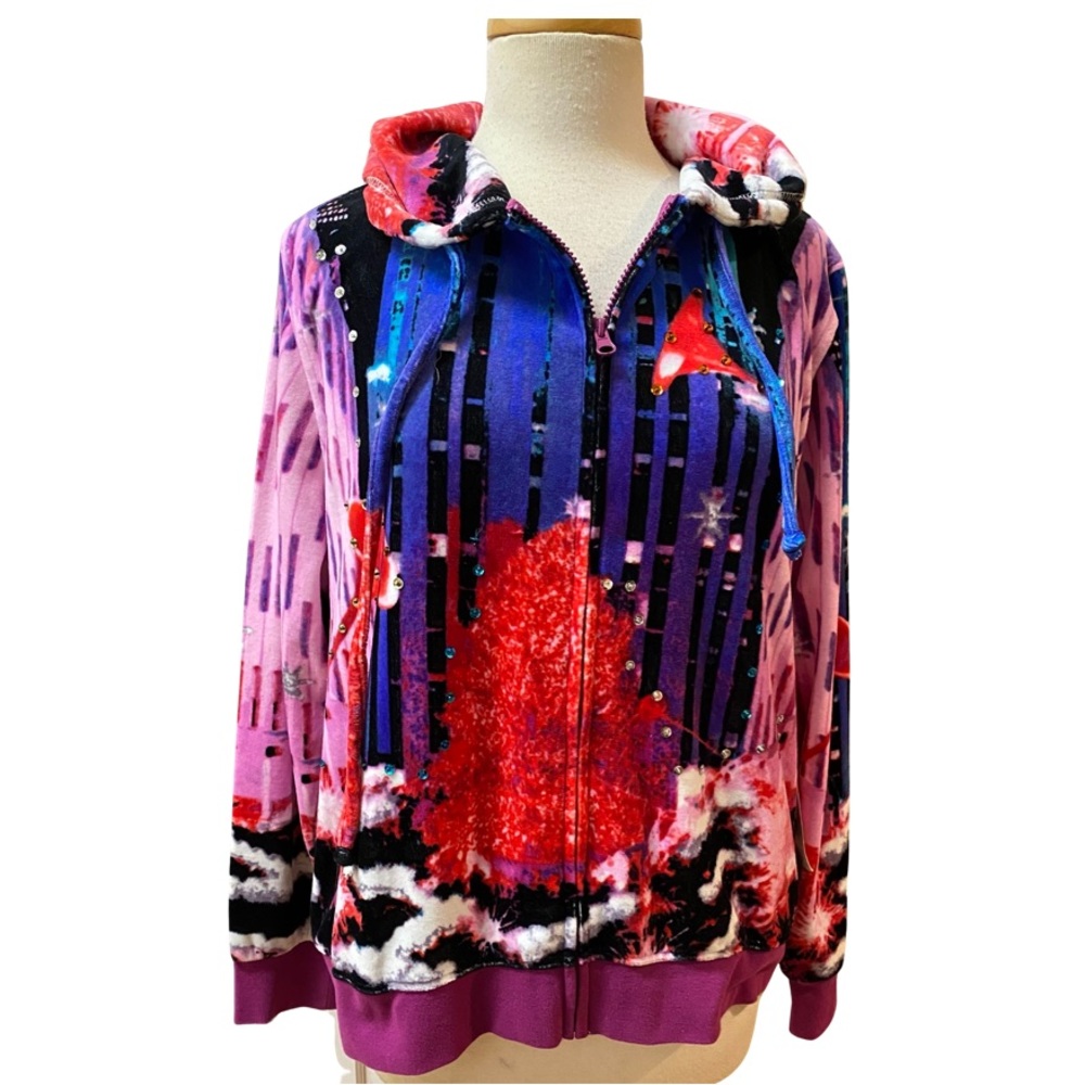 New FRENCH POSTCARD Velour Hoodie Holiday NYC Scene Sequins 1X